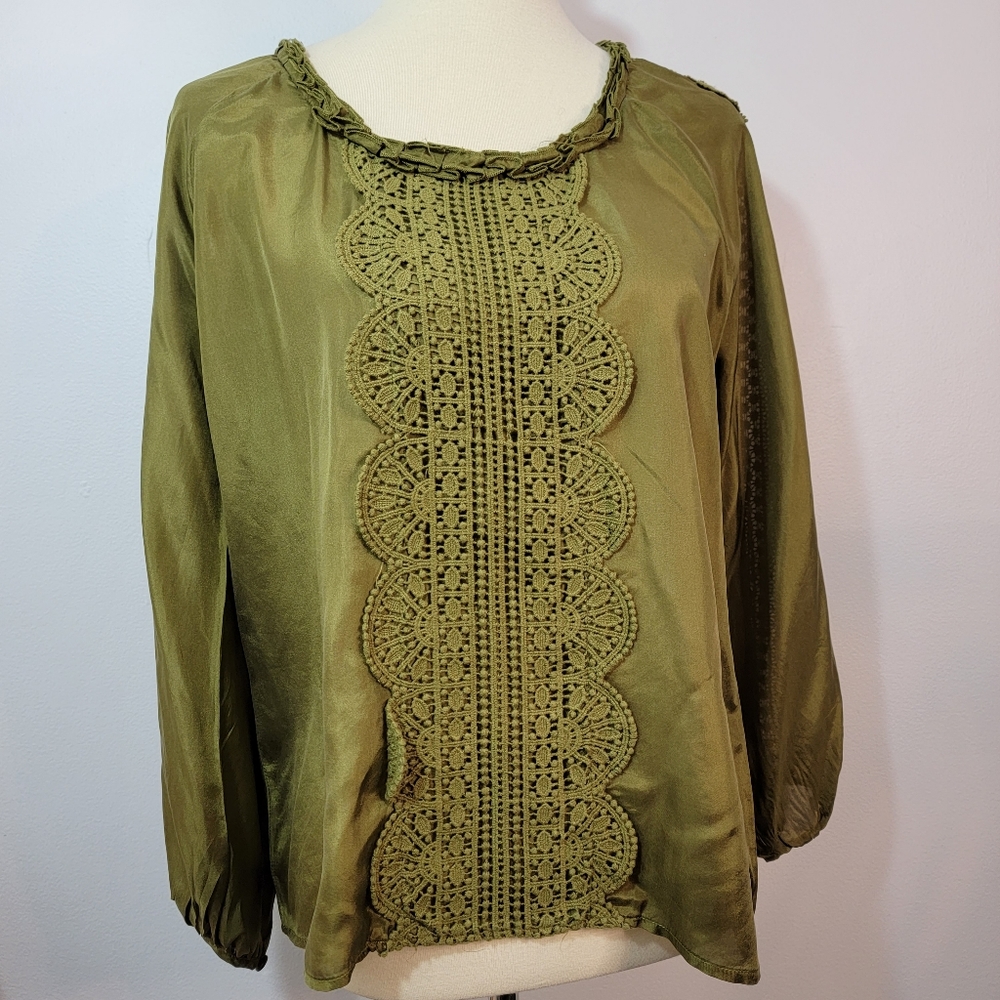 Sundance Olive Green Silk Lace Long Sleeve Blouse